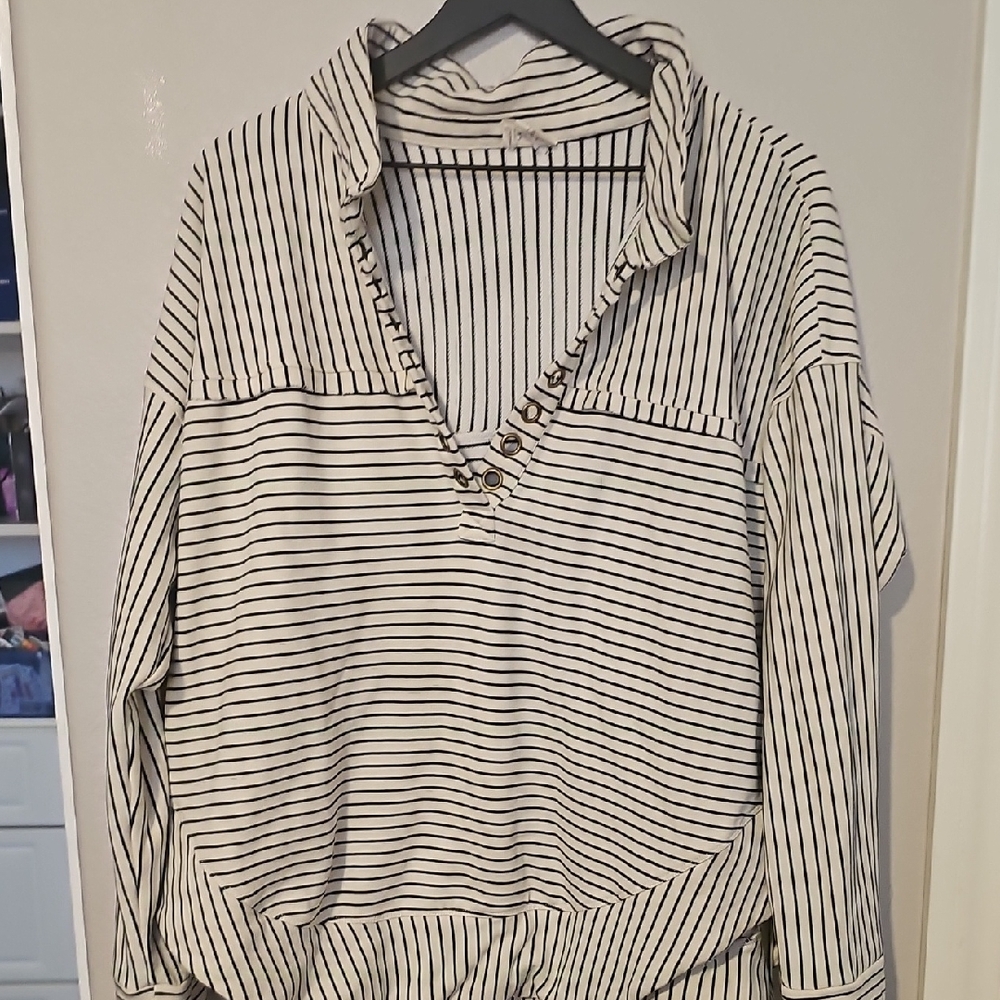BiBi Black and White Striped Open Collar Shirt